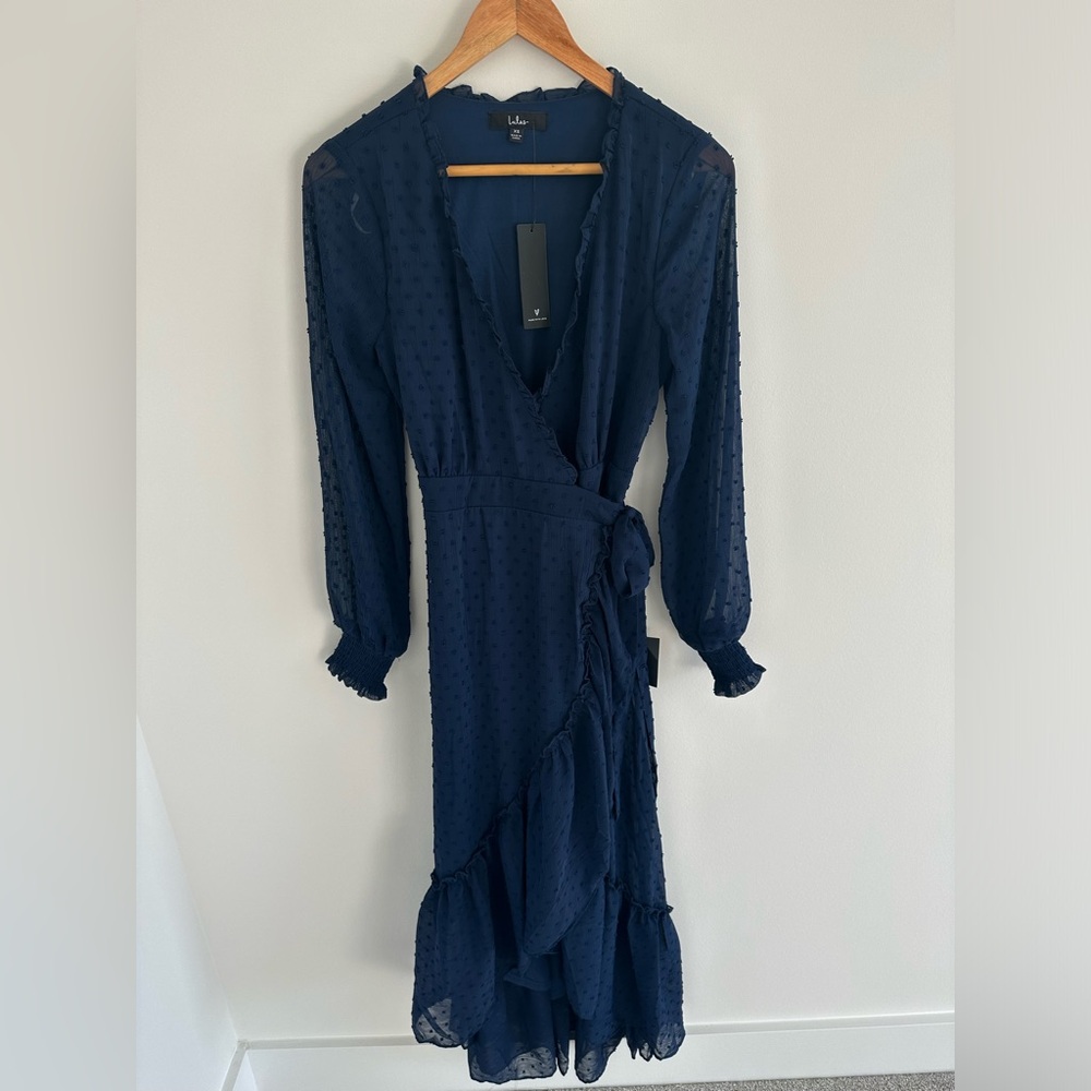 NWT Lulu’s navy blue‎ high-low midi wrap dress size xs - Picture 4 of 9